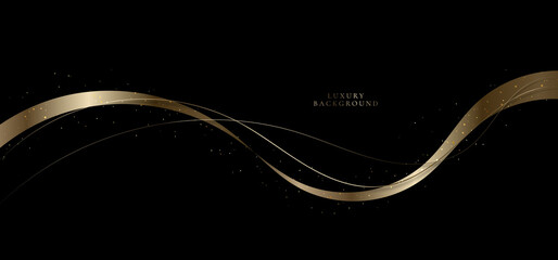 Wall Mural - Abstract modern luxury golden wave lines and ribbon gold particles with lighting effect on black background