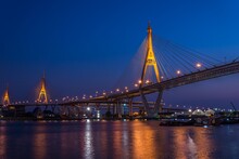 Landscape Bhumibol Bridge In Twilight Evening, Bangkok Thailand. Building And Architecture, Construction Industry Concept.