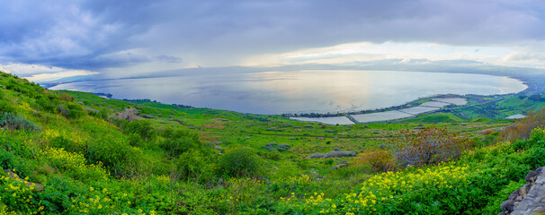 panoramic view of the sea of galilee, winter day