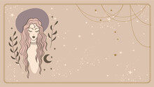 Beautiful Boho Girl With Long Hair In A Hat, Esoteric Female Banner For Text, Template For Astrology, Flyer, Tarot Cover. Beautiful Fashionable Woman Sketch, Vector Illustration, Modern Background.