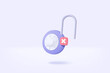 3D padlock for password unsecure online on white background. Closed padlock sign. Cyber security digital data protection minimal concept. 3d security protection on isolated vector render illustration