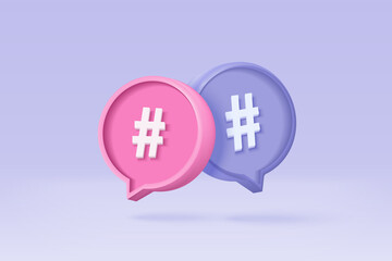 3D hashtag search link symbol on social media notification icon isolated on purple background. Comments thread mention or user reply sign with social media. 3d hashtag on vector render illustration