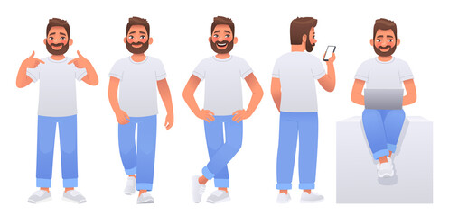 Wall Mural - Happy man character set. Guy dressed in a white T shirt and jeans poses, points to himself, walks, holds a phone