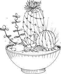 Wall Mural - cactus composition in flower pot line art monochrome illustration