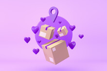 Cardboard Boxes On Violet Background With Hearts And Map Pin