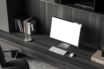 Wall Mural - Home office interior with wooden table and pc mockup screen, top view