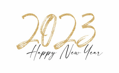 Happy new 2023 year Elegant gold glitter text with light. Minimal text template