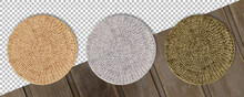 Set Colored Round Woven Straw Mats Isolated Against Transparent Background.