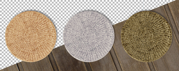 Set colored Round woven straw mats isolated against transparent background.