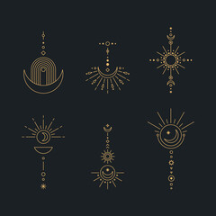 Set of moon and sun line art. Minimal boho linear symbols. Celestial mystic element. Vector line art illustration.