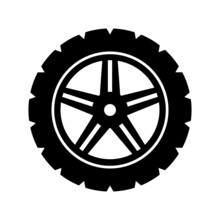 Tire Icon. Vector Illustration Of Tyre With Thick Tread. Car Wheel With Rim Isolated On White Background. Off Road, All Terrain Rubber.