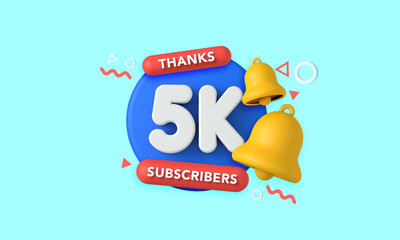 Sticker - Thank you 5 thousand subscribers. Social media influencer banner. 3D Rendering
