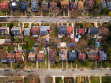 Top View Of Two Parallel Streets With Single Family Houses And Cars Parked On The Street At East Coast Industrial Town Squirrel Hill Neighborhood In Pittsburgh, Pennsylvania
