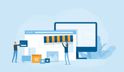 Wall Mural - flat vector business team working developer and designer team create an online store shop concept