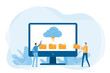 Business technology cloud computing service and technology file upload backup on cloud server storage concept with team administrator and developer working on computer monitor