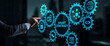 © Funtap - Smart contract. Modern Business technology. Businessman presses virtual button smart contract text on a touchscreen