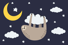 Cute Cartoon Sloth Sleeping Hanging On A Cloud  With Stars And Crescent Moon. Vector Illustration.