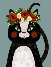 Cute Portrait Of A Black Cat With A Crown Of Poppies And Daisies.Decorative Abstract Spring Cat. Hand-drawn Modern Illustrations With Vector Cat And Flowers On The Background Of Mint Color