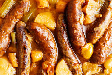 Sticker - rustic english sausage casserole comfort food background