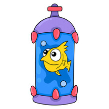 Aquarium Containing Cute Yellow Ornamental Fish, Doodle Icon Image Kawaii