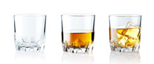 Set Of Alcoholic Beverages. Scotch Whiskey In Elegant Glass With Ice Cubes On White Background.