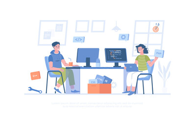 Developers team. Optimization, development, testing app. Programmers creates software. Cartoon modern flat vector illustration for banner, website design, landing page.
