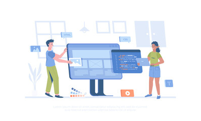 Front end development. Website interface, front end developer, web page design, user experience. Cartoon modern flat vector illustration for banner, website design, landing page.