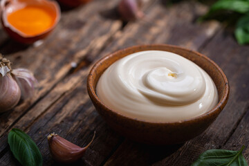 Poster - Bowl of Homemade mayonnaise sauce with ingredients and herbs for cooking