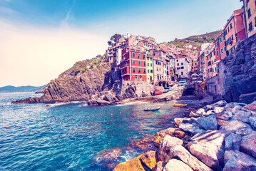 Wall Mural - amazing cityscape with colored houses in riomaggiore, cinque terre, italy. amazing places. a popular