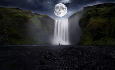 Wall Mural - big moon over great waterfall