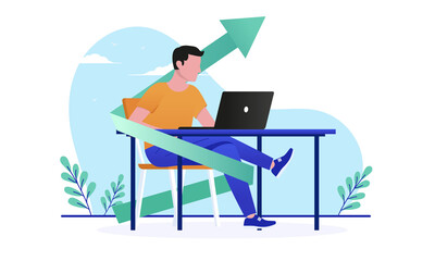 Poster - Freelance success - Man sitting with laptop and green arrow pointing up. Successful freelancing concept, vector illustration on white background
