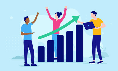 Aufkleber - Successful entrepreneurs - Cheerful people in casual clothes standing with rising diagram chart being happy over business growth. Flat design vector illustration with blue background