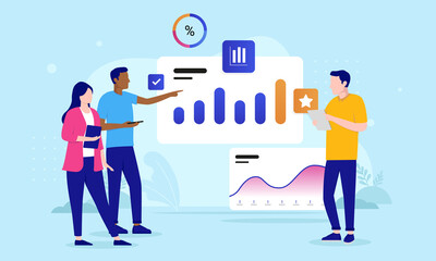 Poster - Three people analysing data - Businesspeople  in casual clothing looking at charts and graphs analysing business results. Flat design vector illustration with blue background