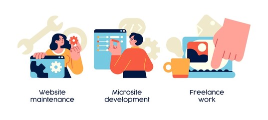 Wall Mural - web design, programming and coding idea. remote job, freelancer cartoon character. website maintenan