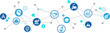 University industry collaboration vector illustration. Blue concept with icons related to partnership / cooperation between academia & business company for research project / program / internship.