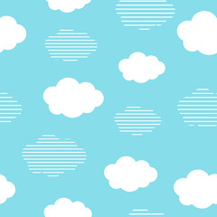 Wall Mural - Seamless pattern background with white fluffy cartoon clouds on light blue sky. Vector illustration for kids fabric or backdrop.