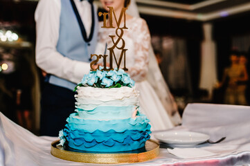 Wall Mural - Bride and a groom is cutting their rustic wedding cake on wedding banquet. Hands cut the cake with delicate blue flowers. Close up.