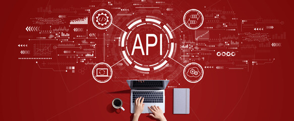 API - application programming interface concept with person working with a laptop