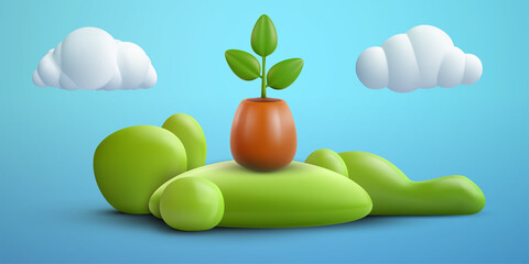 Green plant in pot isolated on blue background with grass hill or island, cloud and sun. Realistic modern minimal design element. 3d vector illustration.