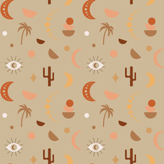 Wall Mural - Boho seamless pattern. Moon phases and desert plants. Cactus and palm. Bohemian style for clothing. Vector illustration