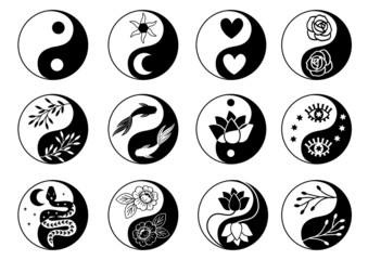 Wall Mural - set of isolated black and white yin yang symbol on a white background