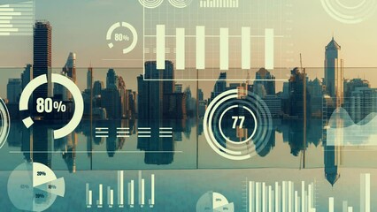 Business data analytic interface fly over smart city showing alteration future of business intelligence. Computer software and artificial intelligence are used to analyze big data for strategic plan .