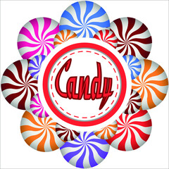 Wall Mural - Candy  round design frame with realistic spiral colorful sweets on white background. Vector illustration