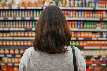 Finding the best products at the best price. Rear view shot of a woman browsing for items in a grocery store.