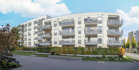 Wall Mural - View to residential area with ecological and sustainable green residential buildings, low-energy houses with apartments and green courtyard