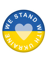 button with Ukrainian flag and slogan We stand with Ukraine