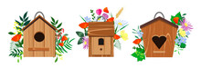 Birdhouse For Birds. Wooden Birdhouse With Flowers And Leaves In Vector.