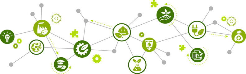 Environmental engineering vector illustration. Green concept with icons related to eco-friendly or clean engineering, renewable energy, sustainability & counteracting pollution, eco engineer.