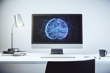 Wall Mural - Modern computer display with creative human brain microcircuit. Future technology and AI concept. 3D Rendering