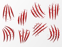 Red Claw Scratches. Abstract Animal Bloody Damages. Werewolf Talons Marks. Paper Breaks. Realistic Beast Halloween Stripes. Beast Shred Attack. Rough Furrow Traces. Vector Scrapes Set